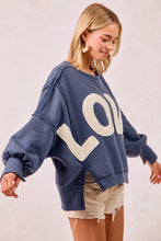 Load image into Gallery viewer, BiBi OVERSIZED French Terry Top with Contrasting Fleece "LOVE" Letter Patches in Dusty Blue/Ivory