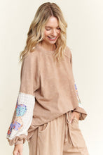 Load image into Gallery viewer, J. Her Mineral Washed Top with Flower Patched Sleeves in Latte