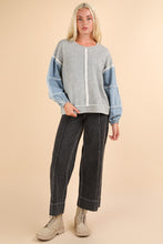 Load image into Gallery viewer, Very J OVERSIZED Terry Knit Top with Denim Sleeves in Heather Grey