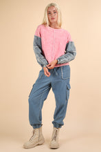 Load image into Gallery viewer, Very J OVERSIZED Terry Knit Top with Denim Sleeves in Rose