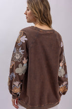 Load image into Gallery viewer, BlueVelvet French Terry Top with Floral Embroidery Sleeves in Charcoal ON ORDER