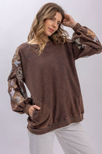 Load image into Gallery viewer, BlueVelvet French Terry Top with Floral Embroidery Sleeves in Charcoal ON ORDER