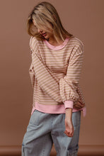 Load image into Gallery viewer, BiBi French Terry Striped Top with Uneven Hemline in Taupe/Blush