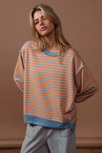 Load image into Gallery viewer, BiBi French Terry Striped Top with Uneven Hemline in Camel/Denim