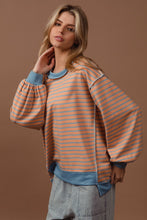 Load image into Gallery viewer, BiBi French Terry Striped Top with Uneven Hemline in Camel/Denim
