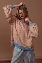 Load image into Gallery viewer, BiBi French Terry Striped Top with Uneven Hemline in Camel/Denim