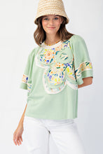 Load image into Gallery viewer, Easel Soft Washed Terry Knit top with Large Flower Patch in Pistachio