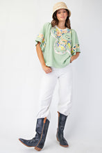 Load image into Gallery viewer, Easel Soft Washed Terry Knit top with Large Flower Patch in Pistachio
