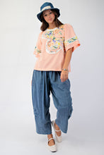 Load image into Gallery viewer, Easel Soft Washed Terry Knit top with Large Flower Patch in Peach