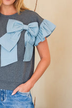 Load image into Gallery viewer, TRENDiLiTY French Terry Top with Denim Bow and Flutter Sleeves in Charcoal