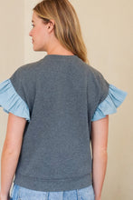 Load image into Gallery viewer, TRENDiLiTY French Terry Top with Denim Bow and Flutter Sleeves in Charcoal