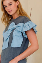 Load image into Gallery viewer, TRENDiLiTY French Terry Top with Denim Bow and Flutter Sleeves in Charcoal
