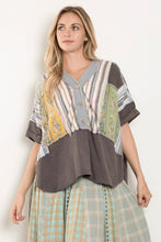 Load image into Gallery viewer, BlueVelvet Patchwork Half Button Down Top in Charcoal Multi