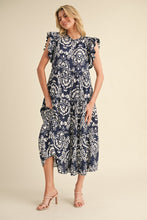 Load image into Gallery viewer, Jodifl Paisley Print Tiered Midi Dress in Navy