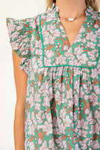 Load image into Gallery viewer, GiGio Floral Print Top with Piping Trim Details in Green Mix