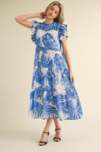 Load image into Gallery viewer, Jodifl Tropical Leaf Print Tiered Midi Dress in Blue