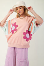 Load image into Gallery viewer, Easel Terry Knit Color Block Top with Flower Patches in Rose Coral