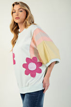 Load image into Gallery viewer, Easel Terry Knit Color Block Top with Flower Patches in Powder Mint