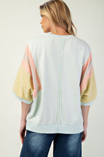 Load image into Gallery viewer, Easel Terry Knit Color Block Top with Flower Patches in Powder Mint