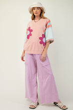 Load image into Gallery viewer, Easel Terry Knit Color Block Top with Flower Patches in Rose Coral