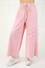 Load image into Gallery viewer, Easel Mineral Washed Terry Knit Pants with Flower Patches in Dried Rose