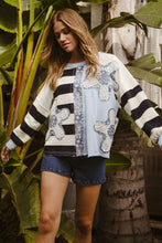 Load image into Gallery viewer, BiBi Terry Knit Solid n Striped Top with Flower Patches in Blue Mix ON ORDER