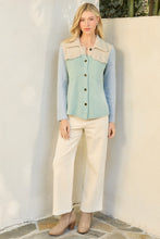 Load image into Gallery viewer, Mystree Colorblock Soft Knit Shacket in Oat/Seafoam