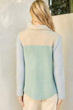 Load image into Gallery viewer, Mystree Colorblock Soft Knit Shacket in Oat/Seafoam
