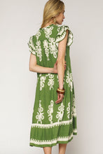 Load image into Gallery viewer, Umgee Two Toned Border Print Midi Dress in Green ON ORDER