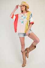Load image into Gallery viewer, Easel Color Block Mixed Prints Top with Large Flower Patch Front in Peach Red