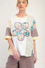 Load image into Gallery viewer, Easel Color Block Mixed Prints Top with Large Flower Patch Front in Ivory Lemon