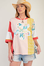Load image into Gallery viewer, Easel Color Block Mixed Prints Top with Large Flower Patch Front in Peach Red