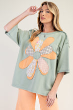 Load image into Gallery viewer, Easel Mineral Washed Terry Knit Flower Patch Top in Sage