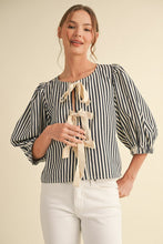 Load image into Gallery viewer, Jodifl Contrasting Color Open Front Tie Closure Top in Denim