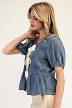 Load image into Gallery viewer, ee:some Open Front Ribbon Tie Closure Top in Denim