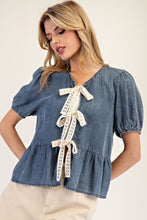 Load image into Gallery viewer, ee:some Open Front Ribbon Tie Closure Top in Denim