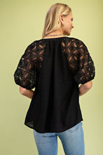 Load image into Gallery viewer, GiGio Solid Color Top with Lace Puff Sleeves in Black