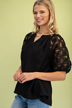 Load image into Gallery viewer, GiGio Solid Color Top with Lace Puff Sleeves in Black