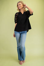 Load image into Gallery viewer, GiGio Solid Color Top with Lace Puff Sleeves in Black