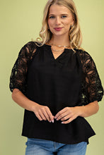 Load image into Gallery viewer, GiGio Solid Color Top with Lace Puff Sleeves in Black