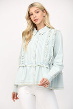 Load image into Gallery viewer, FATE Washed Denim Top with Ruffle and Tuck Details in Light Denim