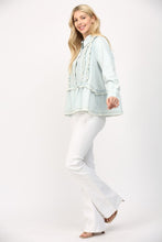 Load image into Gallery viewer, FATE Washed Denim Top with Ruffle and Tuck Details in Light Denim