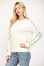 Load image into Gallery viewer, FATE Solid Color Knit Sweater with Striped Detailed Sleeves in White/Green/Orange