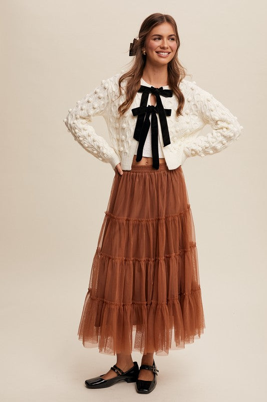 Listicle Open Front Cable Knit Cardigan with Contrasting Color Bow