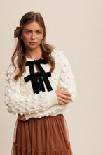 Load image into Gallery viewer, Listicle Open Front Cable Knit Cardigan with Contrasting Color Bow Tie Front in Cream