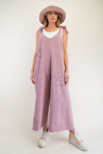 Load image into Gallery viewer, Easel Mineral Washed Terry Knit Flower Patch Jumpsuit in Mauve
