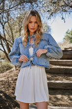 Load image into Gallery viewer, Blue B Ruffled Yoke Open Front with Tie Closure Denim Jacket in Light Wash