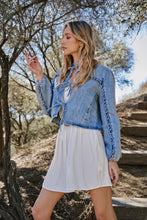 Load image into Gallery viewer, Blue B Ruffled Yoke Open Front with Tie Closure Denim Jacket in Light Wash