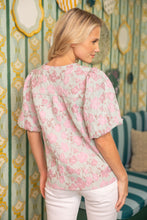 Load image into Gallery viewer, VOY Floral Jacquard Puff Sleeve Top in Pink
