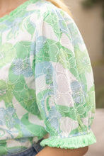 Load image into Gallery viewer, VOY Floral Print and Embroidery Top with Fringe Details in Green